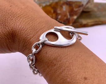 Bracelet chaîne à gros maillons, bracelet plaqué argent pour femme, bracelet fermoir français, bracelet volumineux, bracelet déclaration