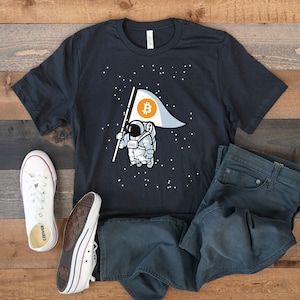 Funny Bitcoin To The Moon Shirt. HODL Bitcoin, Get Rich Or Go Broke Investing, Bitcoin Apparel, Astronaut Bitcoin Flag In Space To The Moon image 1