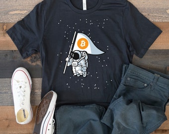 Funny Bitcoin To The Moon Shirt. HODL Bitcoin, Get Rich Or Go Broke Investing, Bitcoin Apparel, Astronaut Bitcoin Flag In Space To The Moon