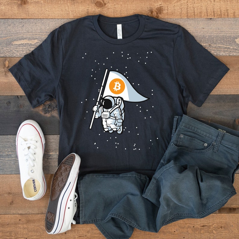 Funny Bitcoin To The Moon Shirt. HODL Bitcoin, Get Rich Or Go Broke Investing, Bitcoin Apparel, Astronaut Bitcoin Flag In Space To The Moon image 1