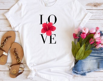 90er Jahre Vintage Retro Blumen Typografie LOVE exotische Blume Hawaii Shirt, Sommer Liebe Urlaub Shirt, Sommer Outfit, Strand Shirt, Urlaub Shirt