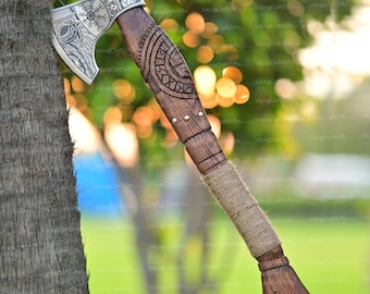 Celtic Valknut Viking Axe With Wood Carving Handle | Wedding Gift, Anniversary Gift, Custom Gift for Him, Christmas Gift for Dad