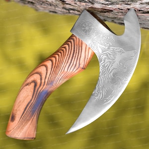 May include: A wooden-handled axe with a silver blade featuring a wolf and a runic symbol. The axe has a brown wooden handle with a wood grain pattern.