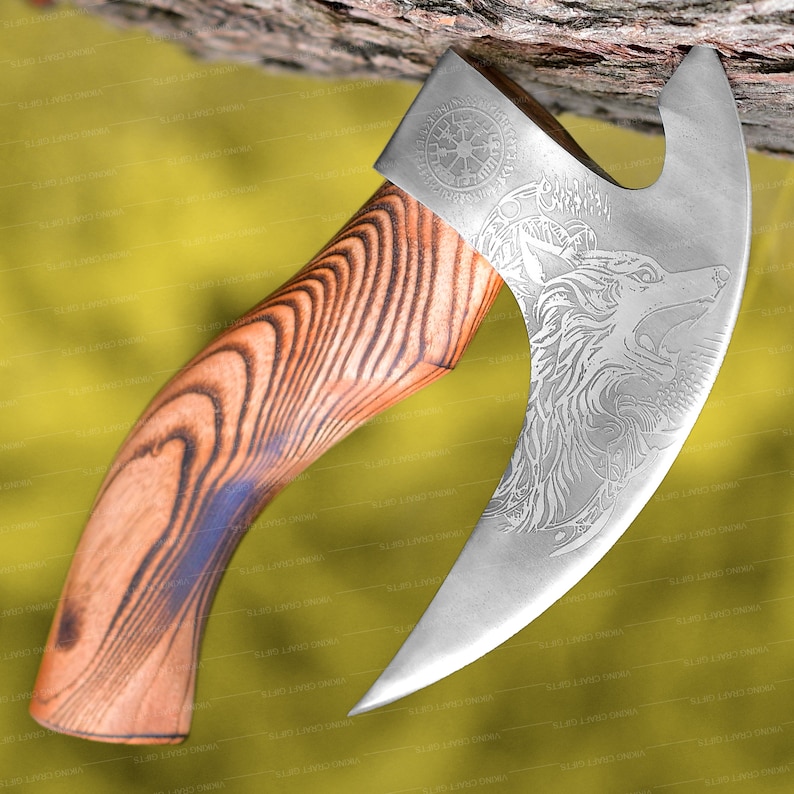 May include: A wooden-handled axe with a silver blade featuring a wolf and a runic symbol. The axe has a brown wooden handle with a wood grain pattern.