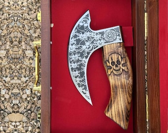 Op maat gemaakte, handgesmede Viking pizzabijl, wiegende pizzasnijder in bijlstijl, pizzasnijder met gepersonaliseerde gegraveerde houten doos, kerstcadeau