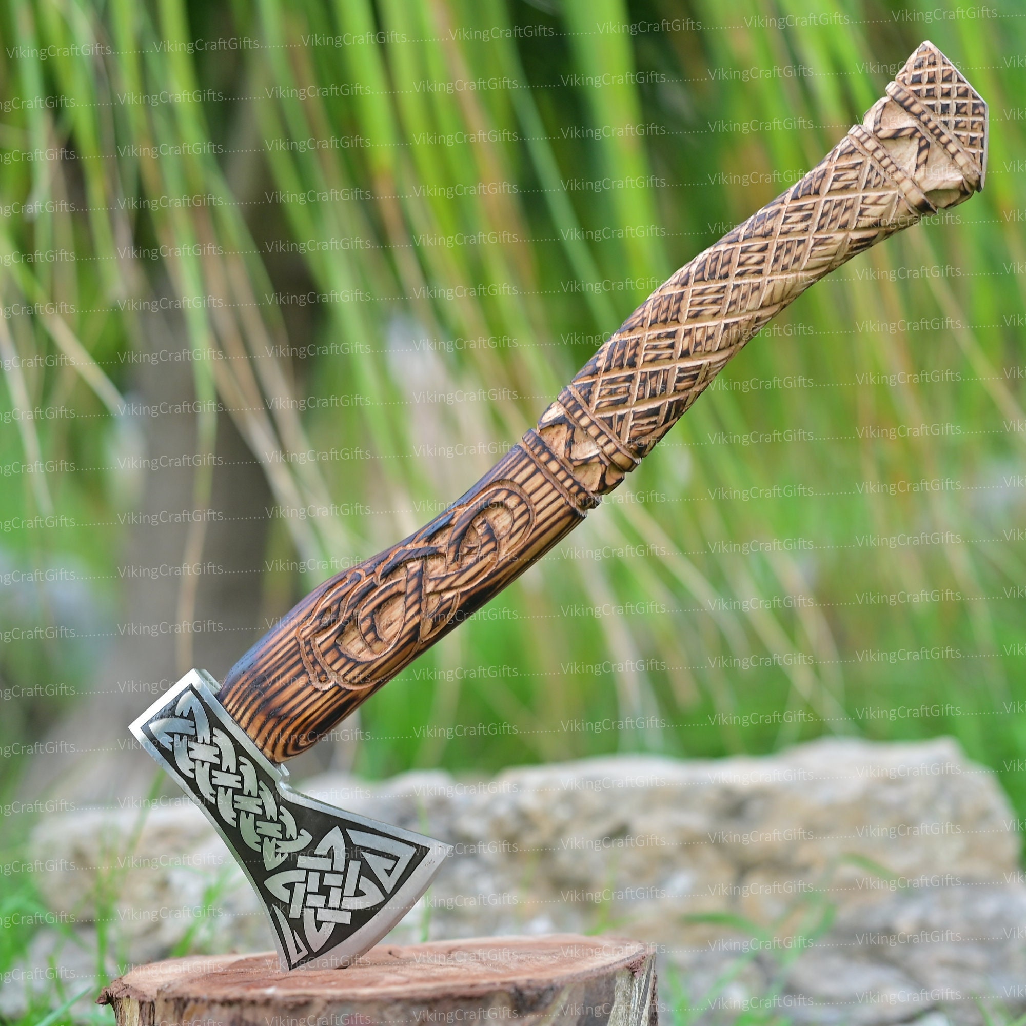 Damascus Viking Axe Pair With Ashwood Handle, Leather Wrap And