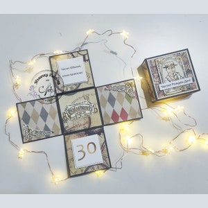 May include: A brown and black explosion box with a vintage design. The box has a clock face on one side, a diamond pattern on another, and a number 30 on a third side. The box is decorated with gold accents and has the text "Oldfashioned Design" on one side. The box is open and the inside is visible. The text "Cheстит Юбилей, скъпи приятелю!" is visible on one side of the box. The text "Честит Рожден Ден!" is visible on another side of the box.