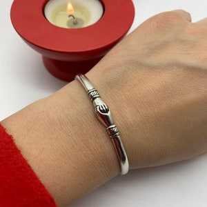 Silver Adjustable Hug Hands Bangle, Open Unique Bracelet, Mothers Day Gift, Valentines Day Gift For Her