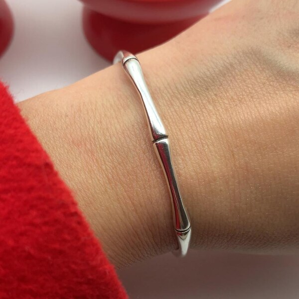 Bone Thin Silver Bangle-Vintage Bamboo Dainty Bracelet for Women Size 55mm-Adjustable Simple Unisex-Minimalist-Valentines Day Gift For Her