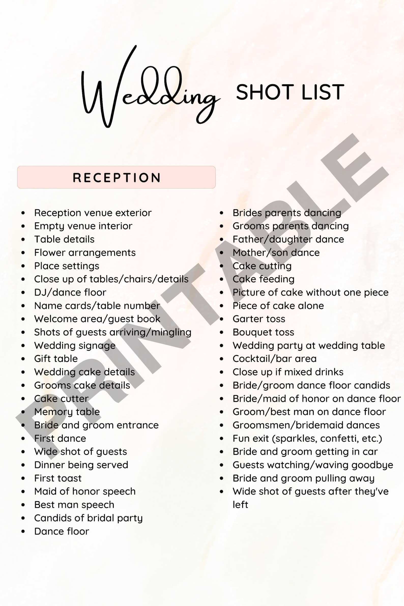 Wedding Shot List, Wedding Photography Checklist, Printable Wedding ...