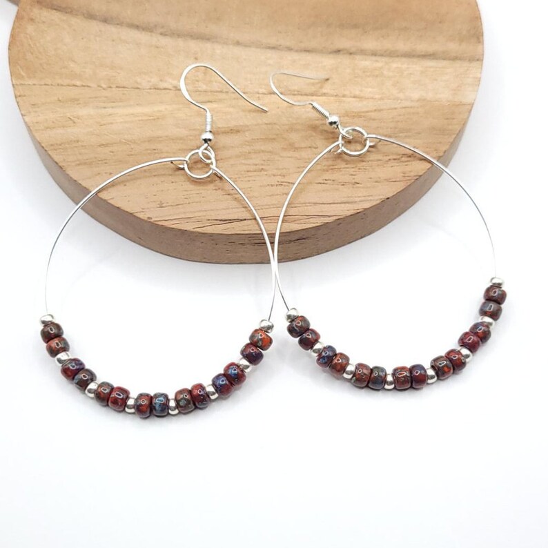 Black Bead Hoop Earrings Handmade Silver Seed Bead Everyday Hoops