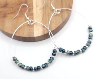 Cobalt Blue Bead Hoops, Silver Hoop Earrings, Seed Bead Earrings, Everyday Hoop Earrings, Beaded Hoops, Handmade Hoop Earrings, Gift for Her