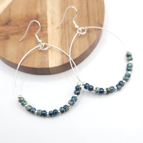 Cobalt Blue Bead Hoops, Silver Hoop Earrings, Seed Bead Earrings, Everyday Hoop Earrings, Beaded Hoops, Handmade Hoop Earrings, Gift for Her