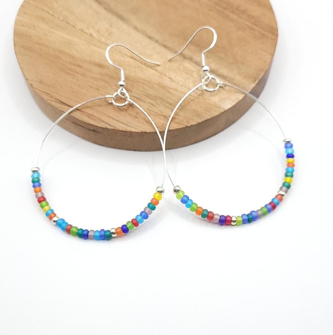 Rainbow Seed Bead Hoop Earrings: Handmade Nickel-free Hoops