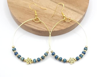 Teal and Gold Flower Hoop Earrings, Beaded Hoops, Everyday Hoop Earrings, Handmade Earrings,  Gift for Her