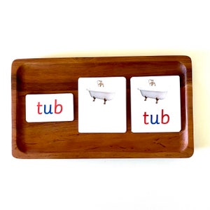 May include: A wooden tray holds three cards. One card reads "tub" in blue and red letters. Two cards feature a white bathtub illustration with gold fixtures. The image is designed for educational purposes.