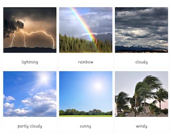 May include: A collection of six weather-themed images. They include a lightning storm, a rainbow over a forest, a cloudy sky over mountains, a partly cloudy sky with the sun, a sunny sky, and a windy scene with palm trees. Each image has a descriptive label.