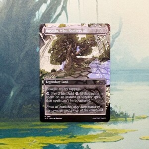 May include: A rectangular trading card titled Boseiju, Who Shelters All, featuring a green and brown illustration of a tree with small white creatures. The card text includes Legendary Land, game rules, and flavor text on a dark background.