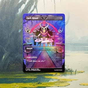 May include: A rectangular trading card titled Dark Ritual featuring a central figure with a horned skull mask in a purple and pink setting. The card text includes Instant, Add BBB, and the quote I will bleat you dry, with a skull icon at the top right.