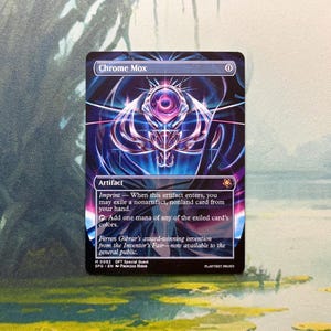 May include: A rectangular trading card titled Chrome Mox featuring a dark, abstract illustration with glowing purple and blue light effects. The card text includes the artifact type, the Imprint ability, and flavor text about the Inventor's Fair.
