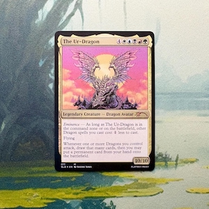 May include: A Magic: The Gathering trading card titled The Ur-Dragon, featuring a purple and white dragon illustration against a yellow sun and pink clouds. The card text includes the name, mana cost, creature type, and game abilities in black.