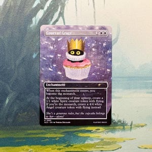 May include: A Magic: The Gathering trading card titled Court of Grace featuring a purple background with white petals. The central illustration shows a small black creature with large yellow eyes wearing a gold crown, sitting atop a pink frosted cupcake.