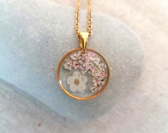 ROMANCE necklace with a natural white spirea flower and white and pink wildflowers - Gold or Silver - Dried flower necklace