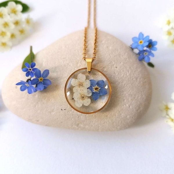 SPRING collection - Necklace with natural flowers of white spireas and blue forget-me-nots - Gold or Silver - dried flower necklace