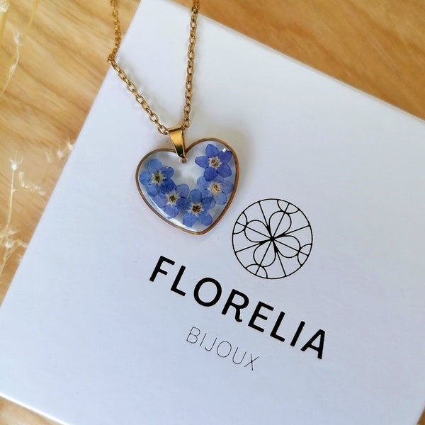 Collection CHLOÉ - Collier cœur avec 5 myosotis bleu - Réglable - Or ou Argent - forget me not