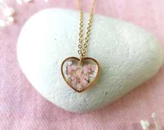 EMMA Collection - Heart necklace with pink flowers and gold leaf - Gold or silver stainless steel - Jewelry for women or children