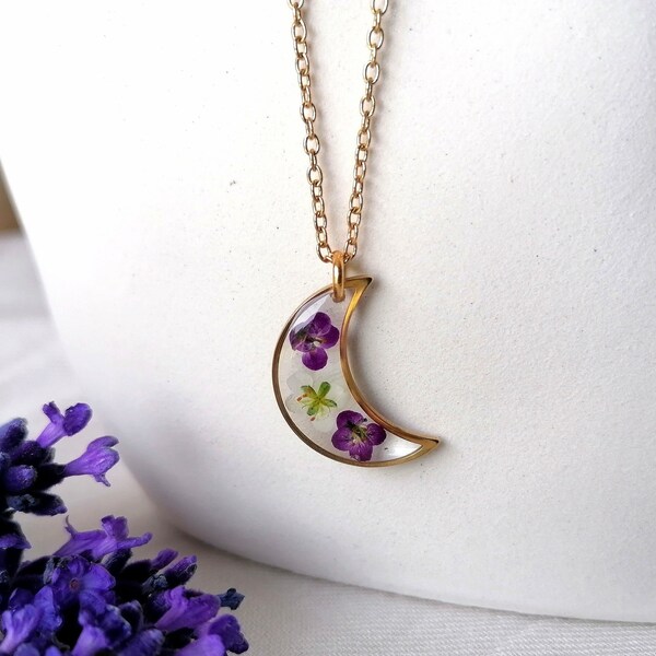 Collection ALYSSE - Collier lune avec des fleurs naturelles d'alysses blanches et violettes - réglable - Or ou Argent