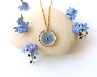 CHLOÉ Collection - Ketting met een blauw vergeet-mij-nietje - Medaillon van 15 mm formaat - verstelbaar - Goud of zilver - ketting met gedroogde bloemen