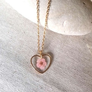Colección ANAÏS - Collar de corazón con flor de espirea rosa claro natural - Acero inoxidable dorado o plateado - Collar para mujer o niña