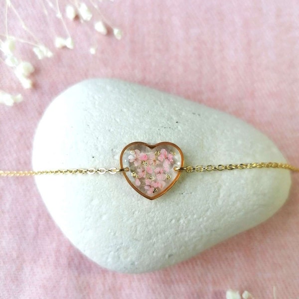 Collection EMMA - Bracelet cœur avec des fleurs roses et feuille d'or - Or ou Argent - Bijou femme ou enfant - bracelet fleurs sechées