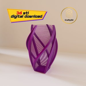 May include: A 3D printable model of a purple vase with a geometric design. The vase is made up of a series of intersecting lines that create a unique and modern look. The vase is a digital download and is available for purchase on CraftyStl.