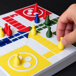 May include: A white plastic board game with a grid of red, blue, green, and yellow squares. The board features four colored corner zones and matching colored conical game pieces. A yellow game piece is being moved across the yellow path.