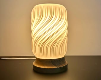 Walnut 3D Printed Spiral Table Lamp, Minimal Ambient Light