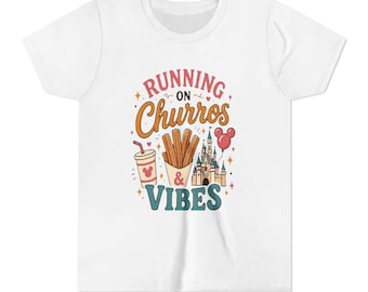 Running on Churros and Vibes Youth Shirt, Theme Park Shirt, Magical Vacation Tee, Cute Park Outfit, Churro Lover Shirt, Family Trip Shirt