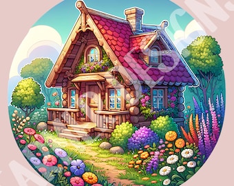 Cottagecore Clipart, Cute Cottage with Flowers Sublimation Digital Design, Cartoon Cottage Digital Download