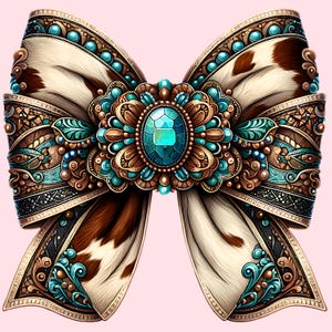 May include: A large, ornate bow made of brown and white cowhide with turquoise and gold accents. The bow is decorated with a large, turquoise gemstone in the center.
