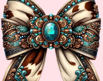 Western Aesthetic Teal Turquoise Western Girly PNG, Cowhide bow, Coquette bow, Digital Download Sublimation Design for T-shirts, Sweatshirts