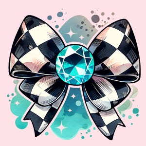 Black and White Checkered Teal Gem Clipart Girly PNG, Retro bow, Coquette bow, Digital Download Sublimation Design for T-shirts, Sweatshirts