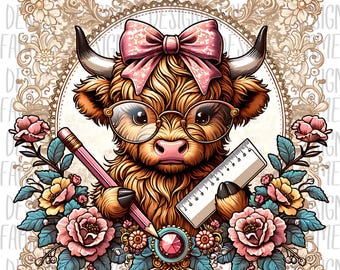 Mucca delle Highlands PNG Decorazione floreale con occhiali, fiocco, matita e righello, motivo floreale, clipart di animali, decorazione per la classe, regalo per insegnanti, ritorno a scuola