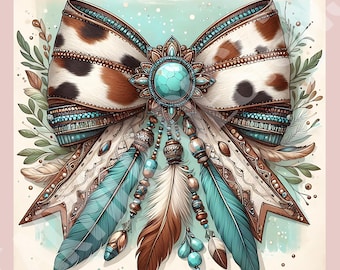 Cowhide bow, Coquette bow, Teal Turquoise Western Girly PNG, Digital Download Sublimation Design for T-shirts, Sweatshirts