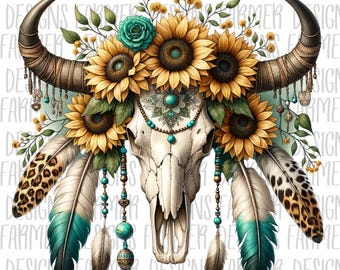 Western Floral Sunflower Cow Skull Png, Rustic Digital Design, Country T-shirt Design Download, Floral Sublimation Design, Bull Skull Dtf