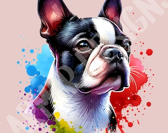 Boston Terrier Dog Clipart Watercolor Dog Clipart Sublimation Designs, Dog Breed PNG File, Cute Digital Illustration, Portrait Prints
