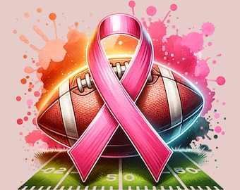 Könnte beinhalten: Ein rosa Band, ein Symbol für das Bewusstsein für Brustkrebs, liegt auf einem braunen Fußball auf einem grünen Feld mit weißen Yardlinien. Der Hintergrund ist ein Aquarell in Rosa und Orange.
