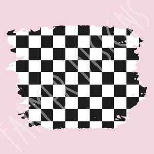 May include: A black and white checkered pattern with a distressed, brushstroke effect around the edges.