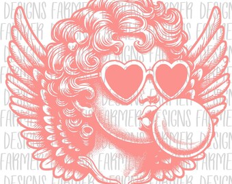 Retro Cupid Valentine Blowing Bubble PNG, Cute Cupid With Sunglasses Valentines Day, Vintage Valentines Day PNG Sublimation Digital Download