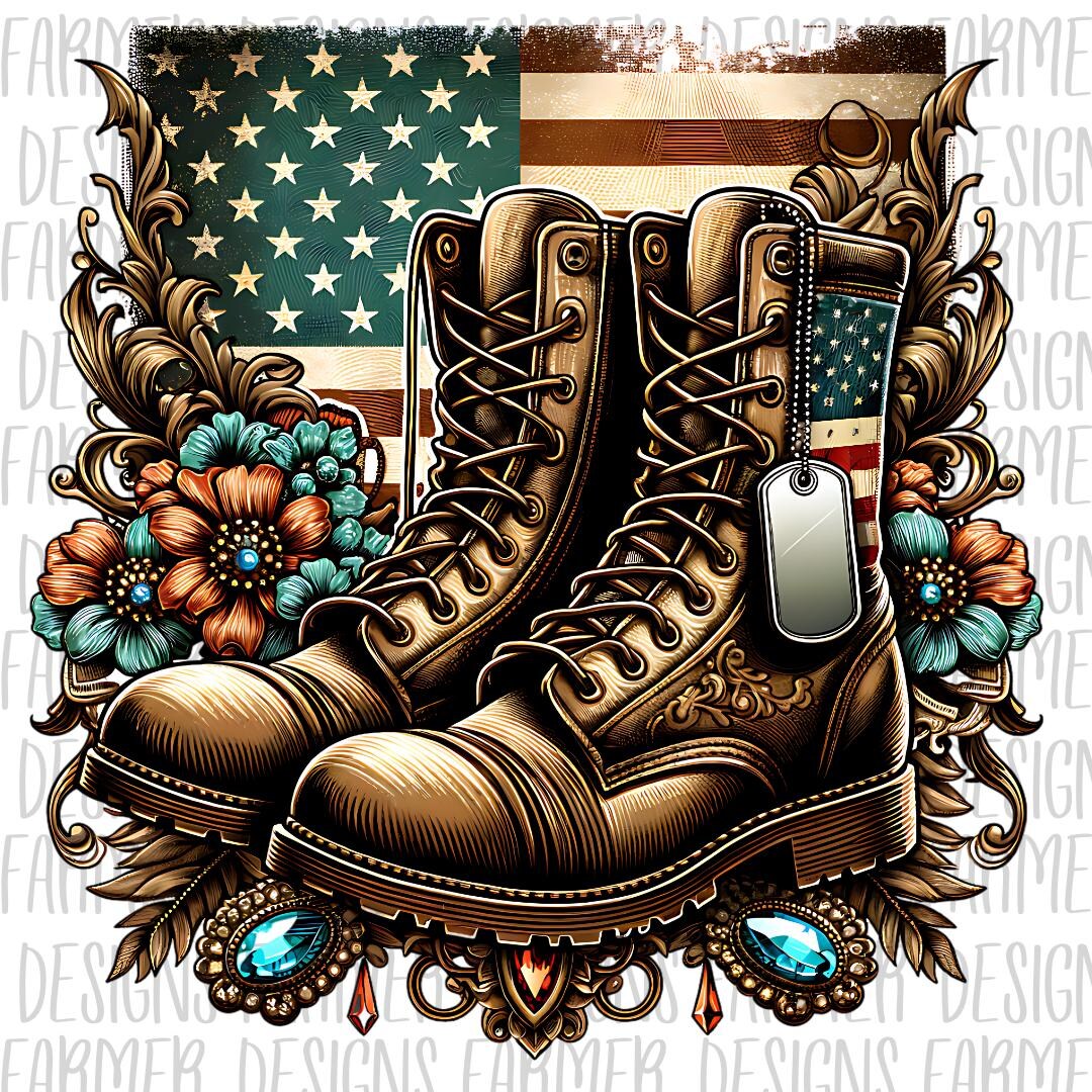 Rustic American Flag With Dog Tag on Military Boots Digital Design ...
